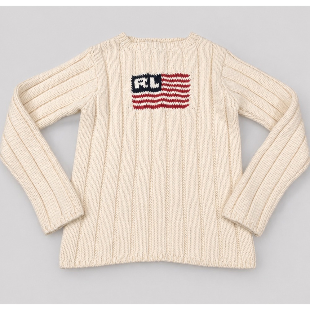 VTG Polo Ralph Lauren Country Cream USA Flag Knit Sweater Womens M - Picture 2 of 7